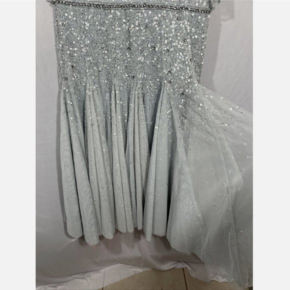 NWT $598 Mac Duggal [ 14 ] Cape Sleeve Beaded Tea A-Line Dress Powder Blue‎ - Picture 12 of 16